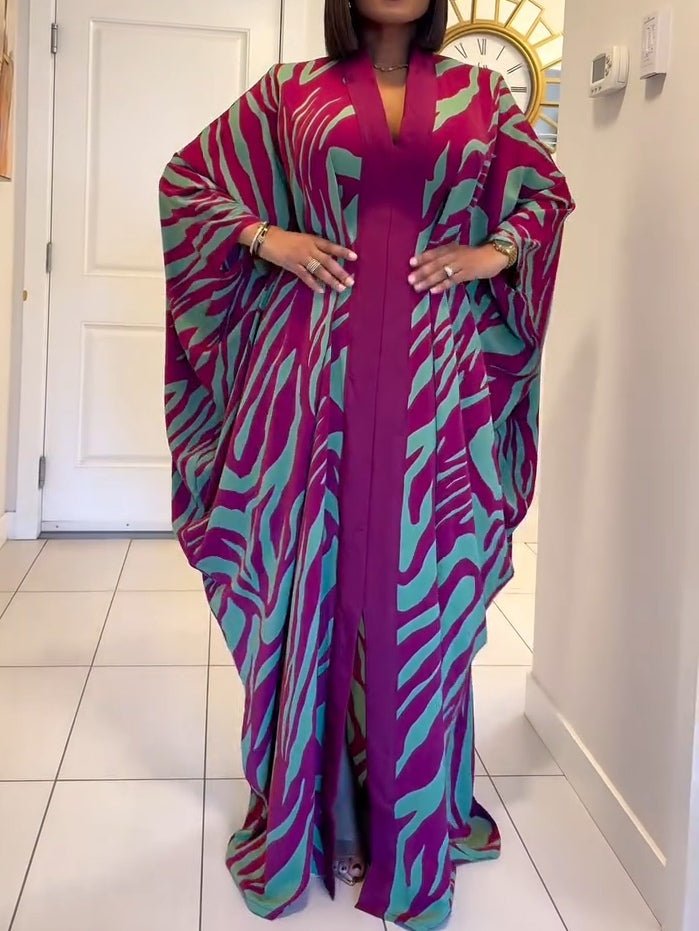 Women's Zebra Print Batwing Sleeve V-Neck Robe Maxi Dresses - Purple