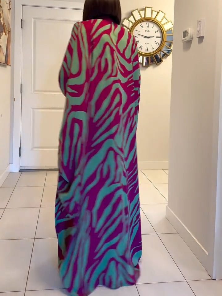 Women's Zebra Print Batwing Sleeve V-Neck Robe Maxi Dresses