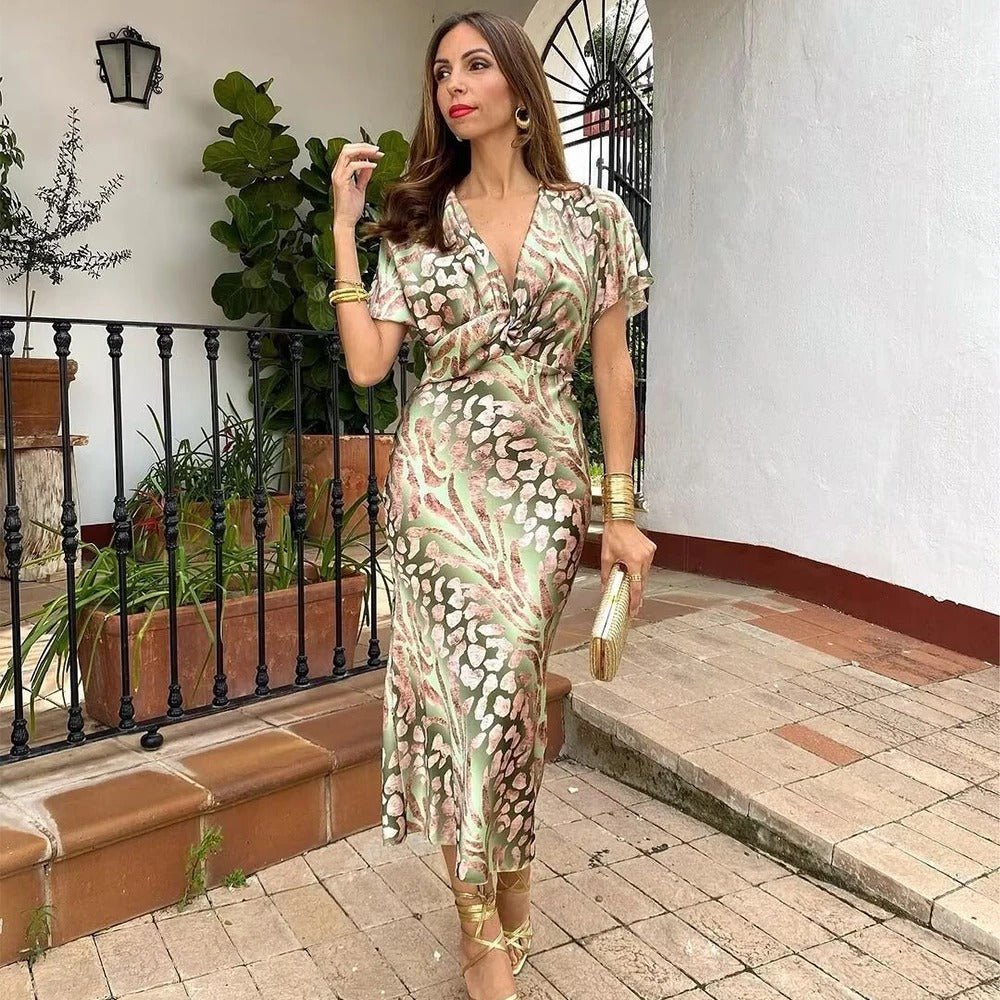 Wrap Dress V-Neck Midi Satin Floral Print Elegant
