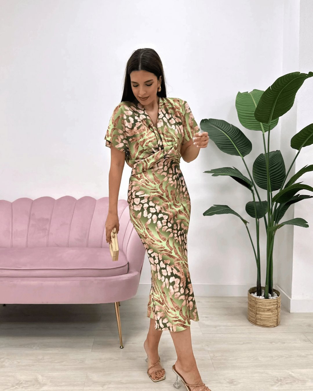 Wrap Dress V-Neck Midi Satin Floral Print Elegant