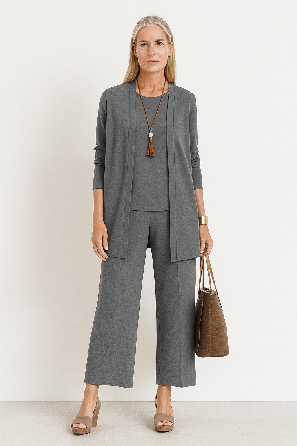 3-Piece Cardigan Set Tank Top Wide Leg Pants Matching - Gray