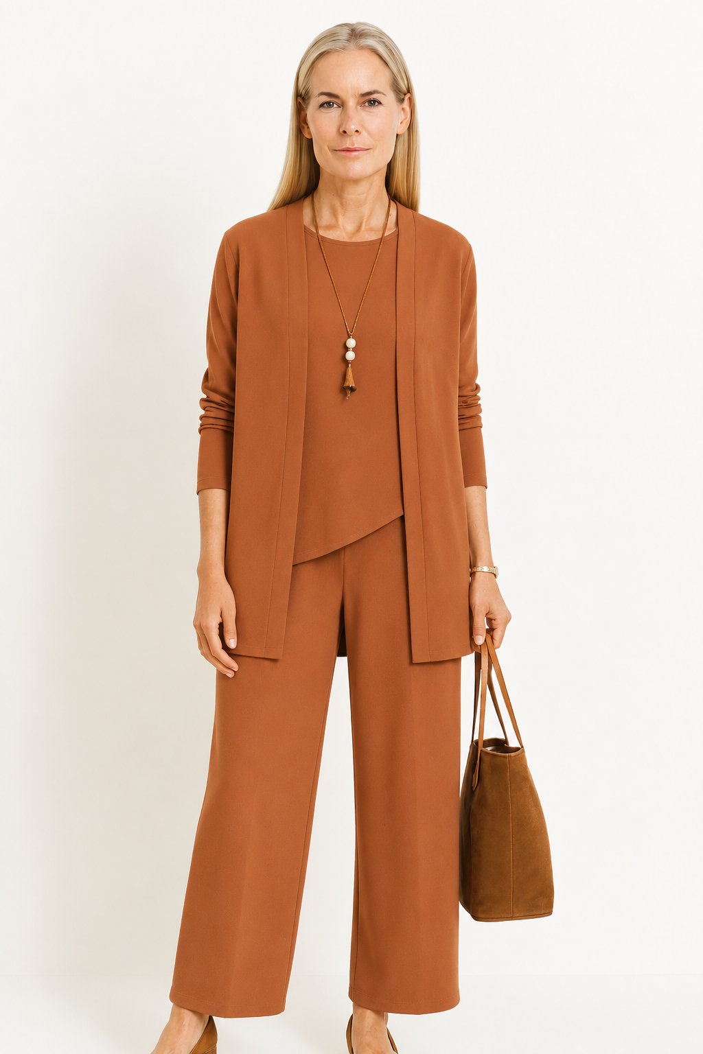 3-Piece Cardigan Set Tank Top Wide Leg Pants Matching - Light Brown