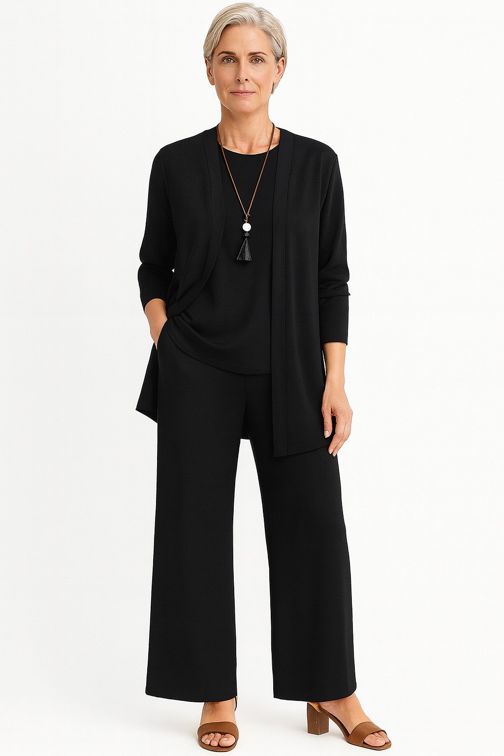 3-Piece Cardigan Set Tank Top Wide Leg Pants Matching - Black