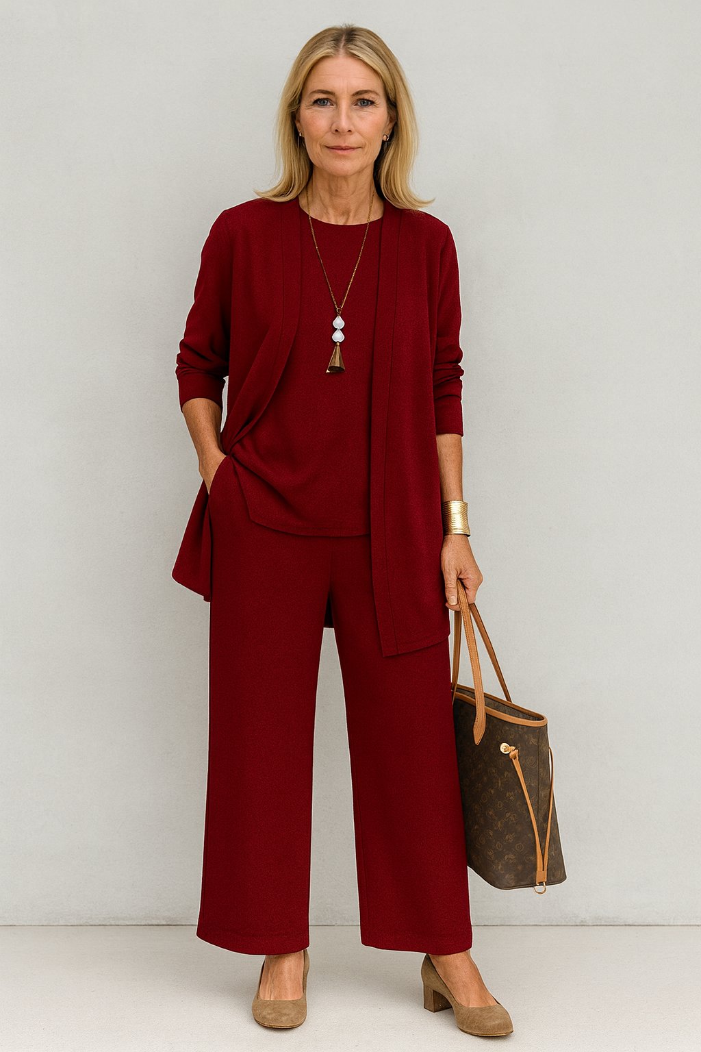 3-Piece Cardigan Set Tank Top Wide Leg Pants Matching - Red