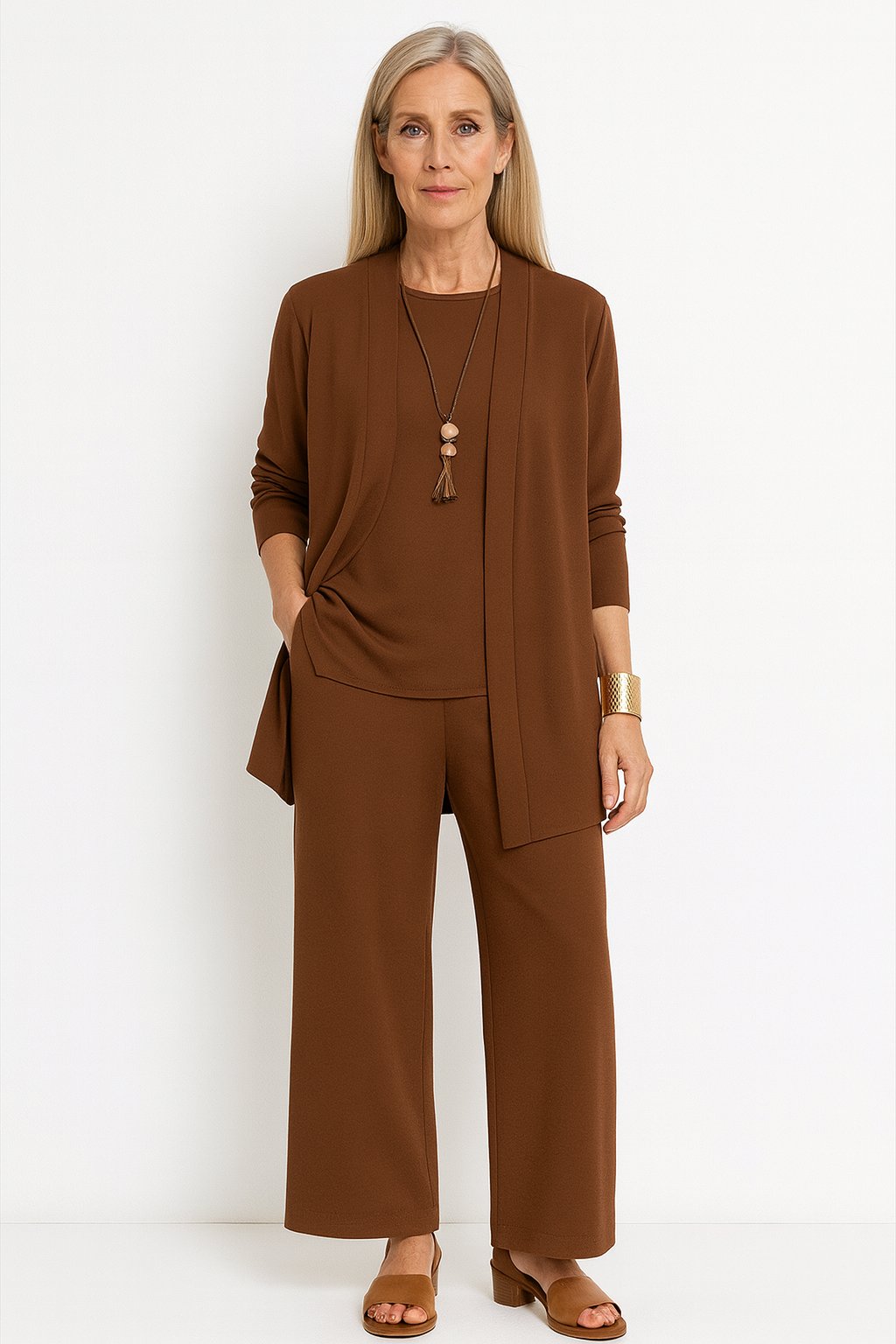 3-Piece Cardigan Set Tank Top Wide Leg Pants Matching - Brown