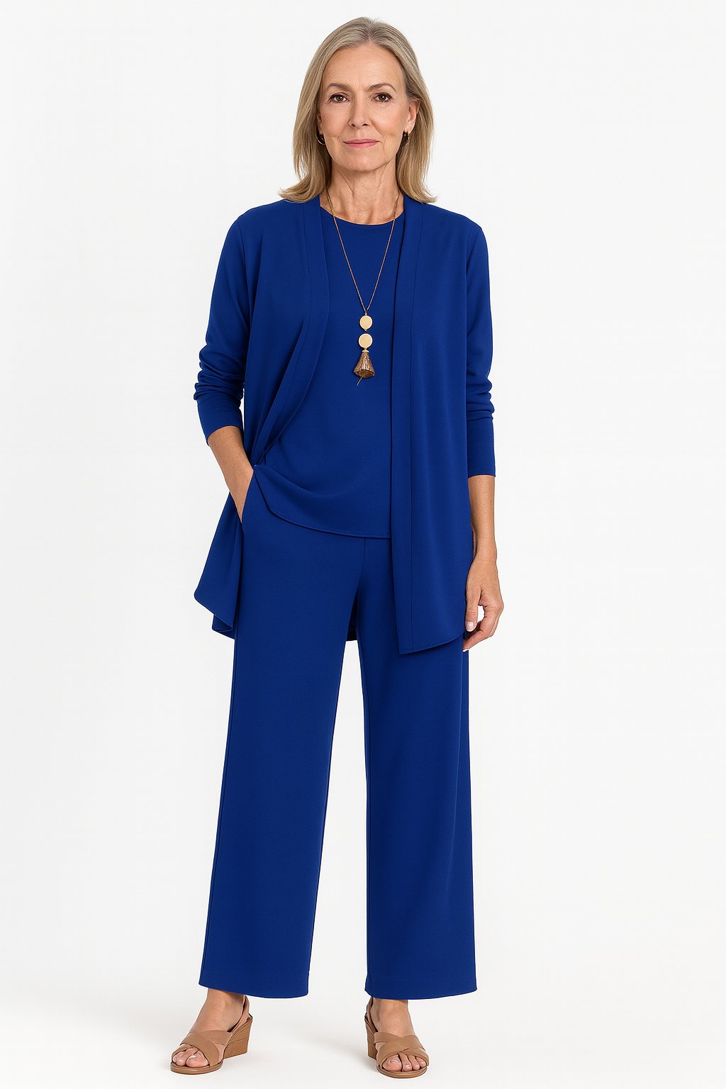 3-Piece Cardigan Set Tank Top Wide Leg Pants Matching - Blue