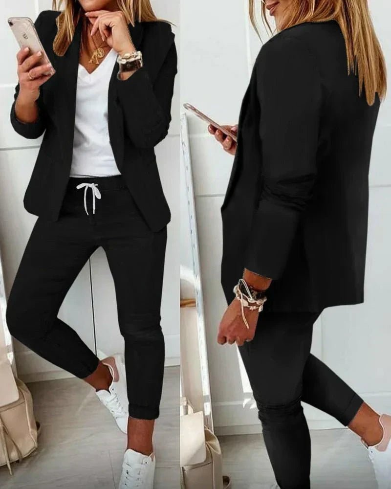 Blazer Jogger Set Drawstring Waist Tailored Casual - Black