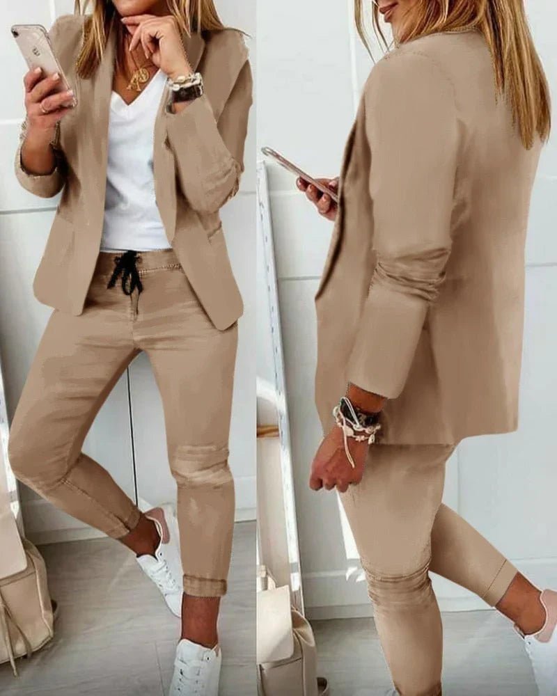 Blazer Jogger Set Drawstring Waist Tailored Casual - Beige