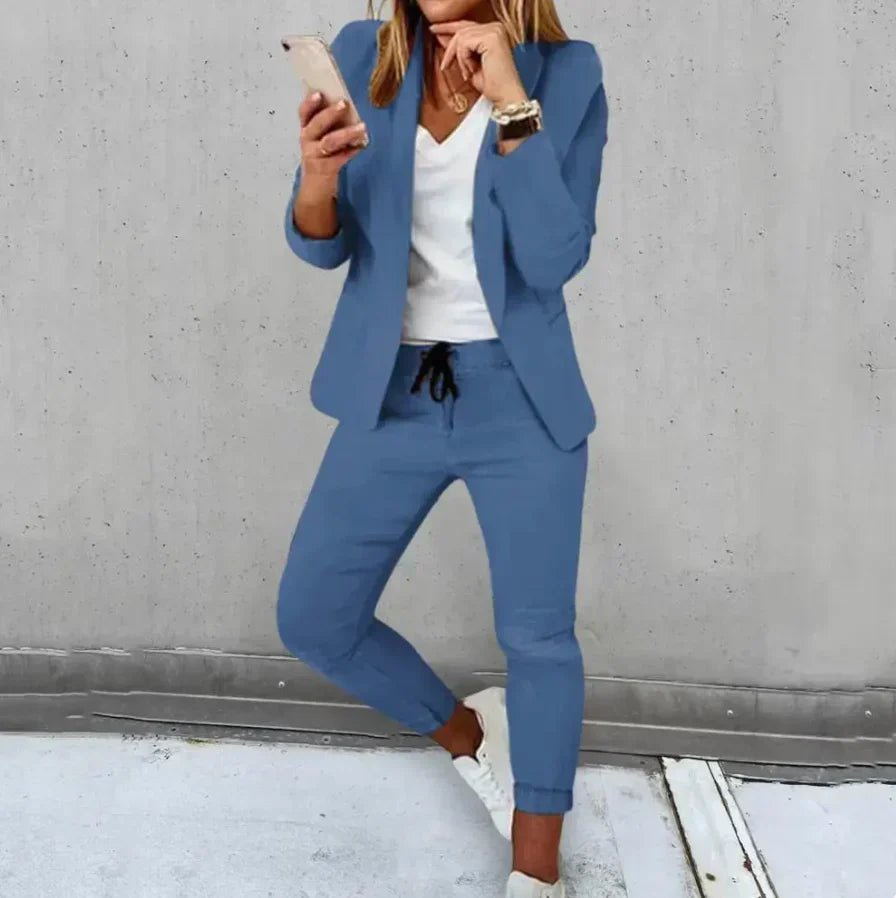 Blazer Jogger Set Drawstring Waist Tailored Casual - Blue