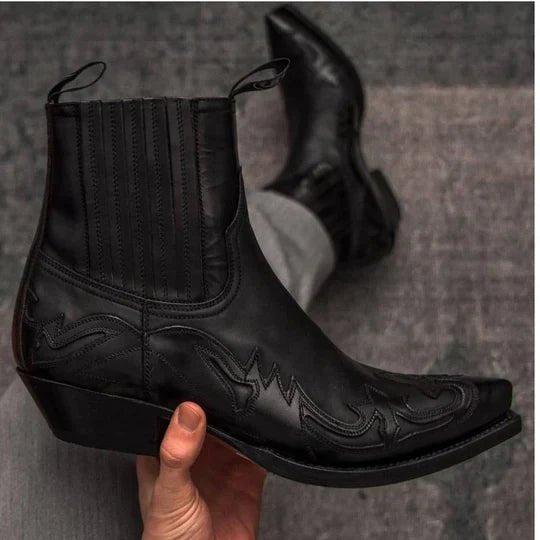 Boots Western Cowboy Style Ankle Leather Pointed Toe Men - Black