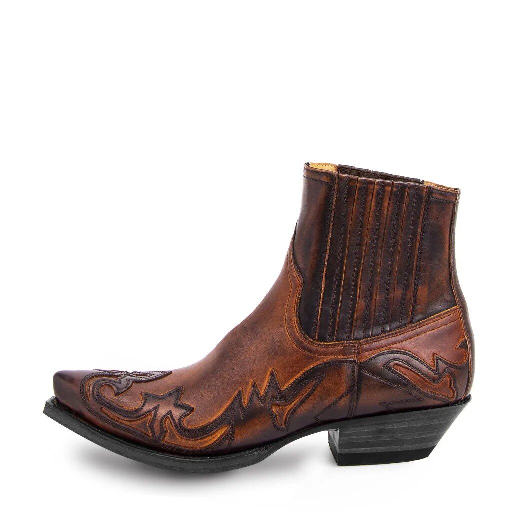 Boots Western Cowboy Style Ankle Leather Pointed Toe Men - Brown