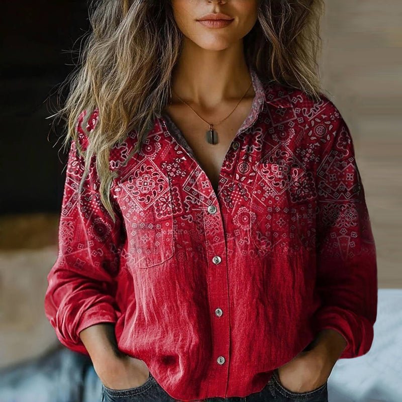 Button Down Blouse Paisley Print Bohemian Vintage Long Sleeve - Red