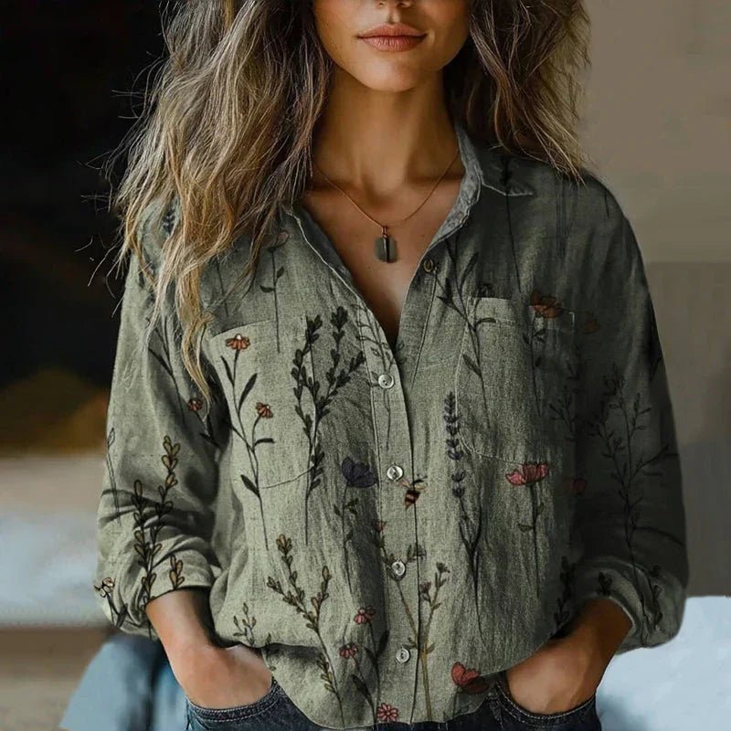 Button Down Blouse Paisley Print Bohemian Vintage Long Sleeve - Green