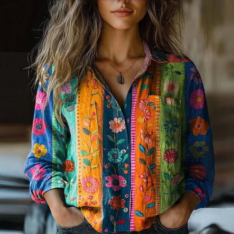 Button Down Blouse Paisley Print Bohemian Vintage Long Sleeve - Multicolored