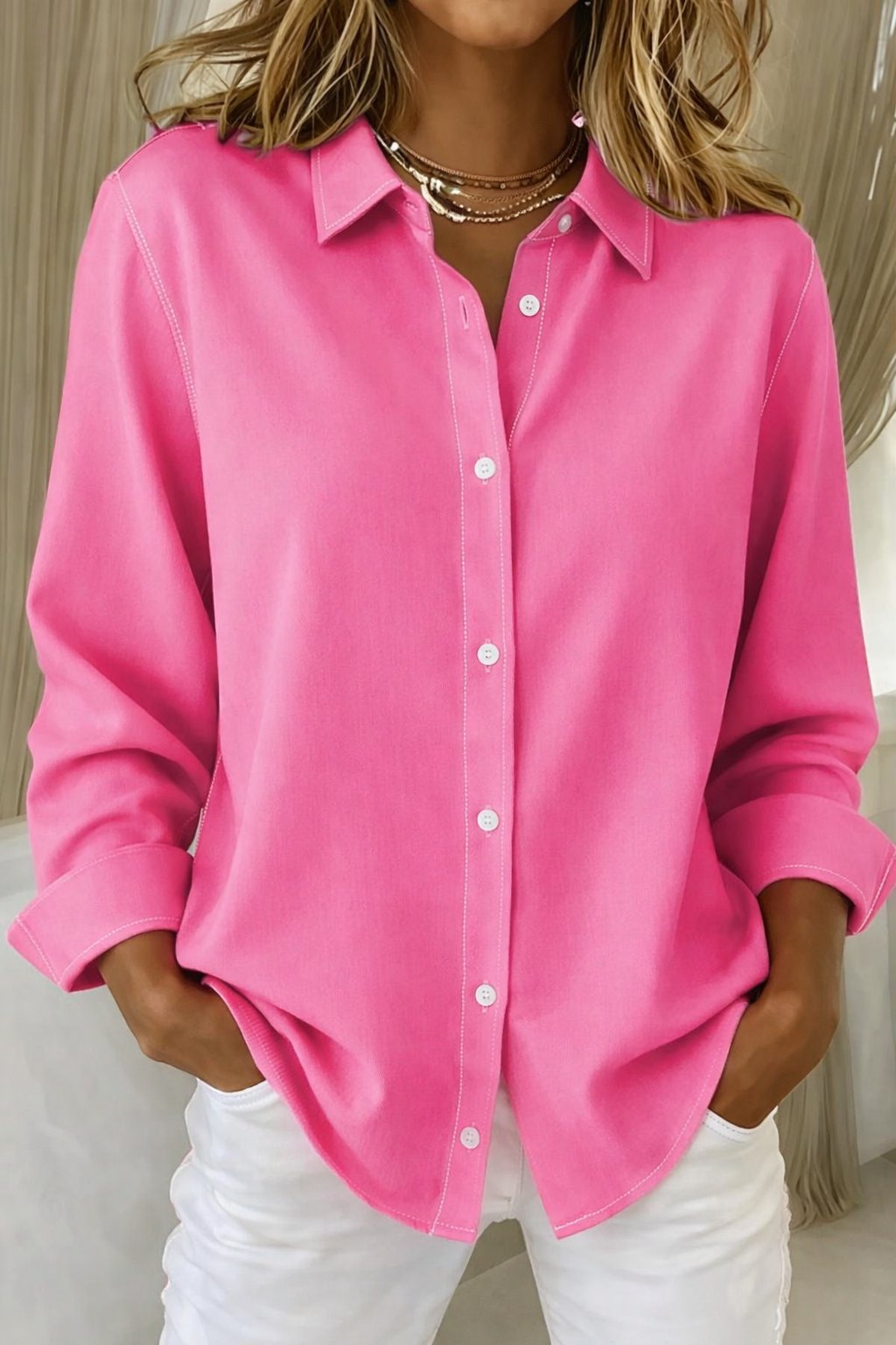 Button Down Shirt Long Sleeve Collar Oversized Fit - Fuchsia