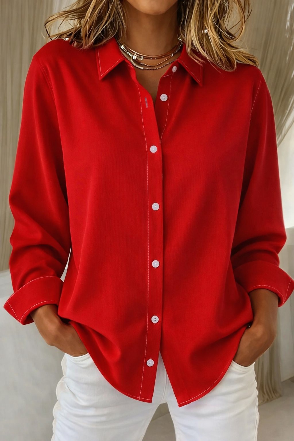 Button Down Shirt Long Sleeve Collar Oversized Fit - Red