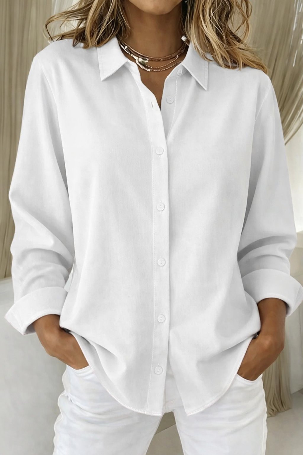 Button Down Shirt Long Sleeve Collar Oversized Fit - White