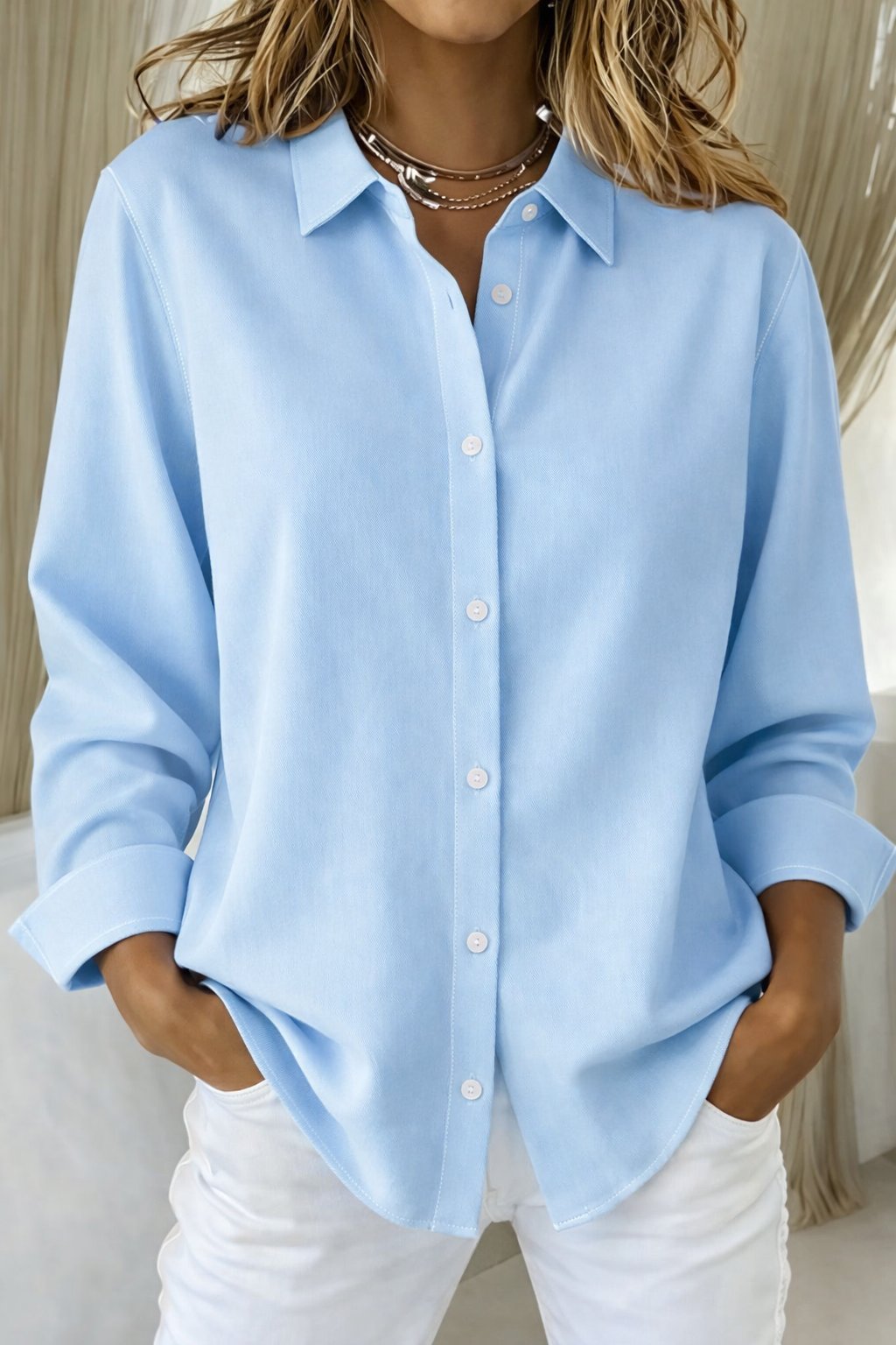 Button Down Shirt Long Sleeve Collar Oversized Fit - Blue