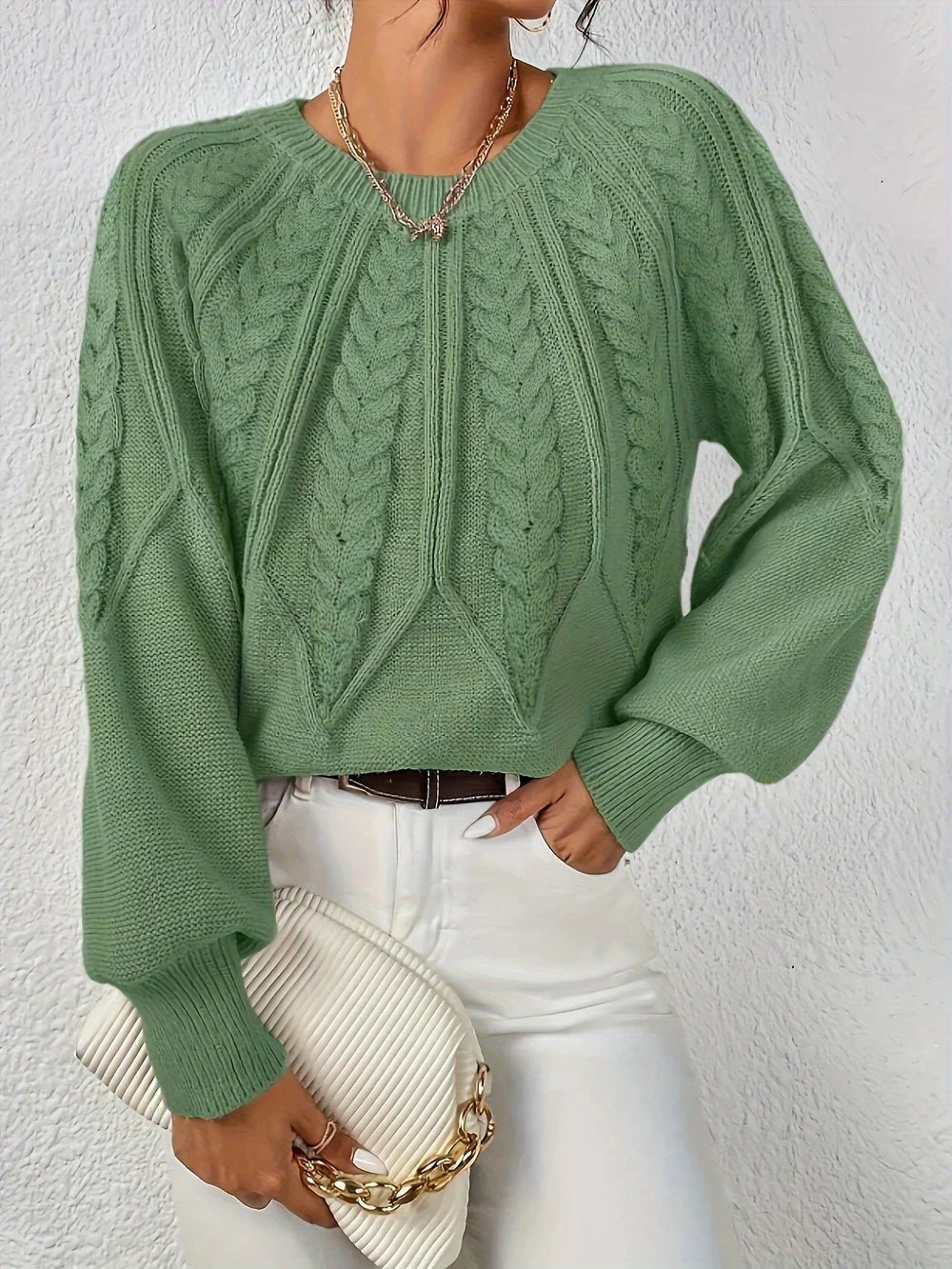 Cable Knit Jumper Women's Relaxed Fit Long Sleeve - Light Green