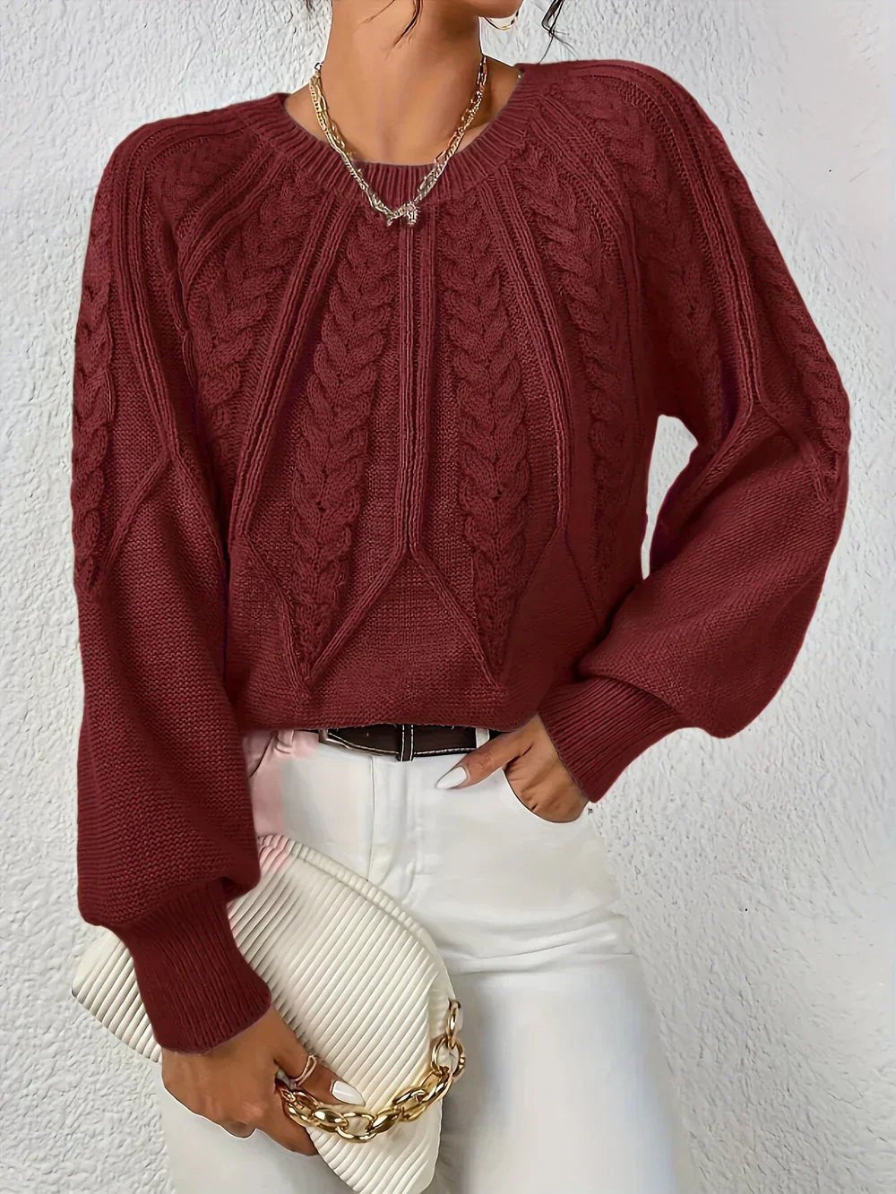 Cable Knit Jumper Women's Relaxed Fit Long Sleeve - Red
