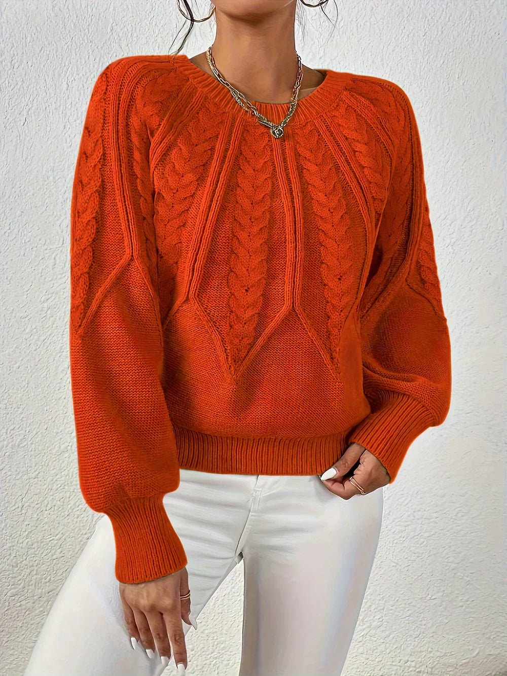 Cable Knit Jumper Women's Relaxed Fit Long Sleeve - Orange