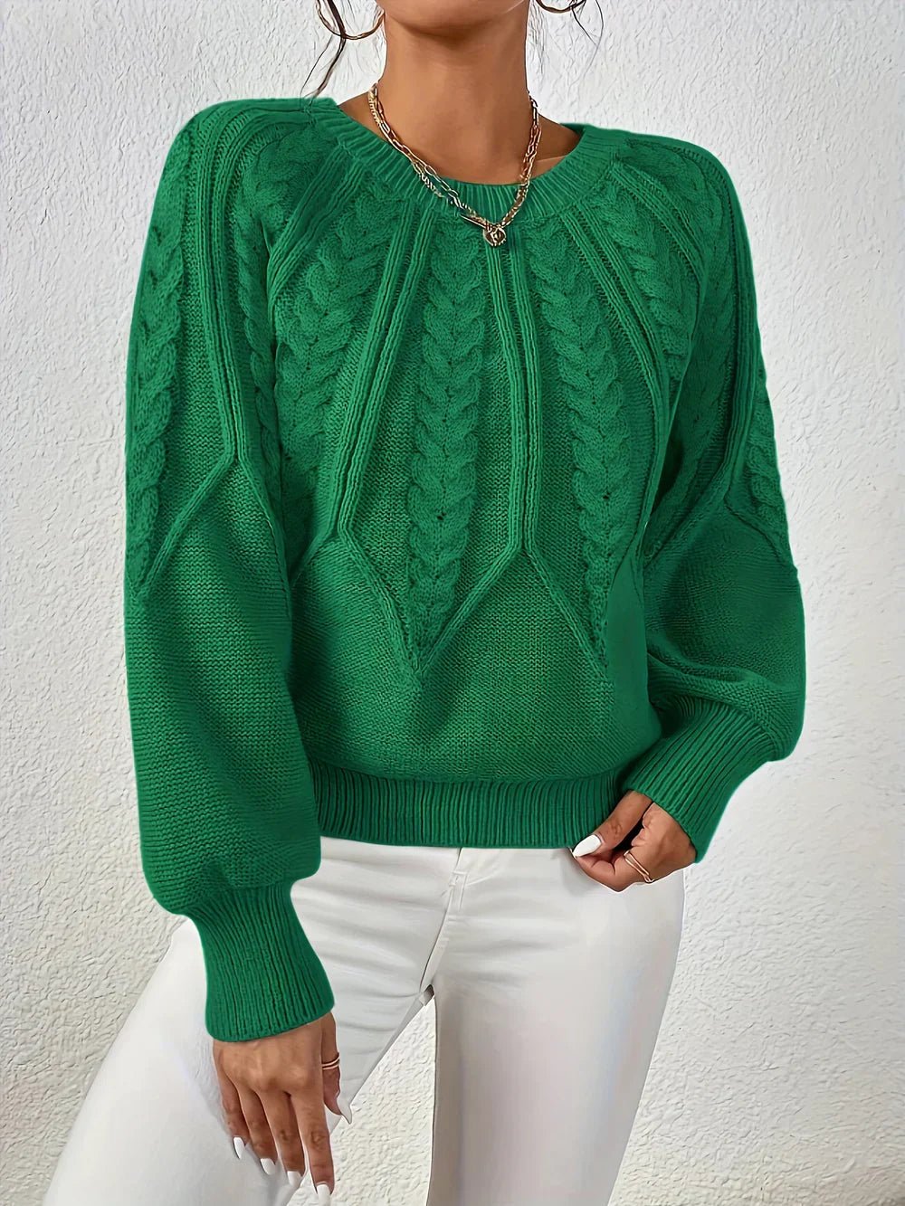 Cable Knit Jumper Women's Relaxed Fit Long Sleeve - Green