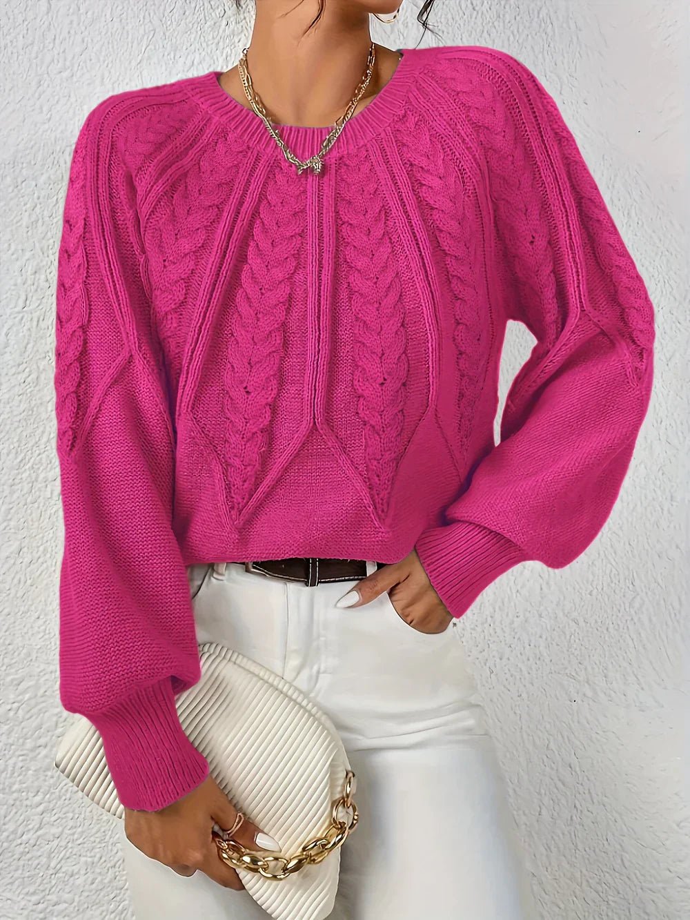 Cable Knit Jumper Women's Relaxed Fit Long Sleeve - Pink