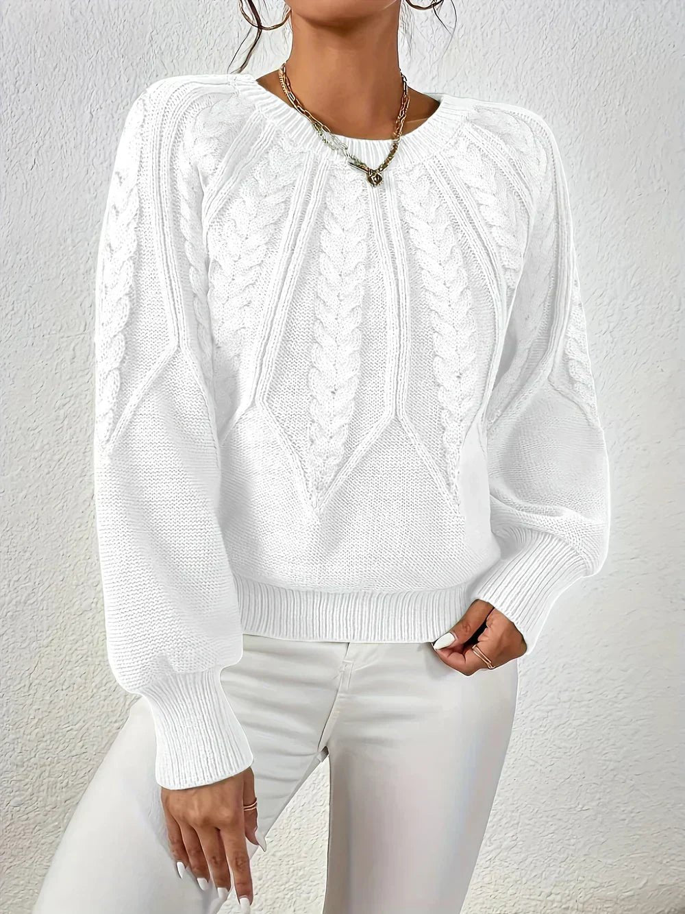 Cable Knit Jumper Women's Relaxed Fit Long Sleeve - White