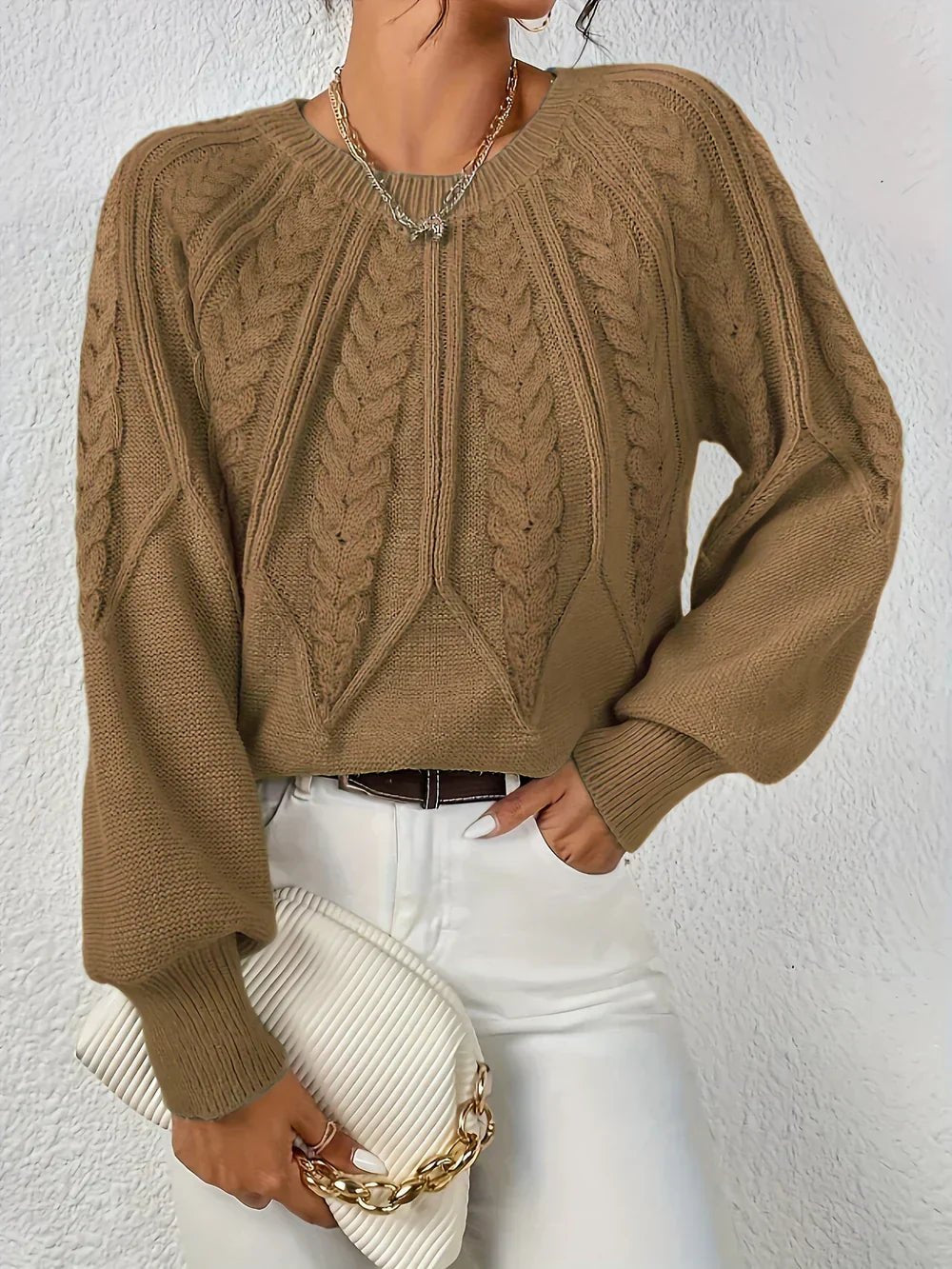 Cable Knit Jumper Women's Relaxed Fit Long Sleeve - Brown