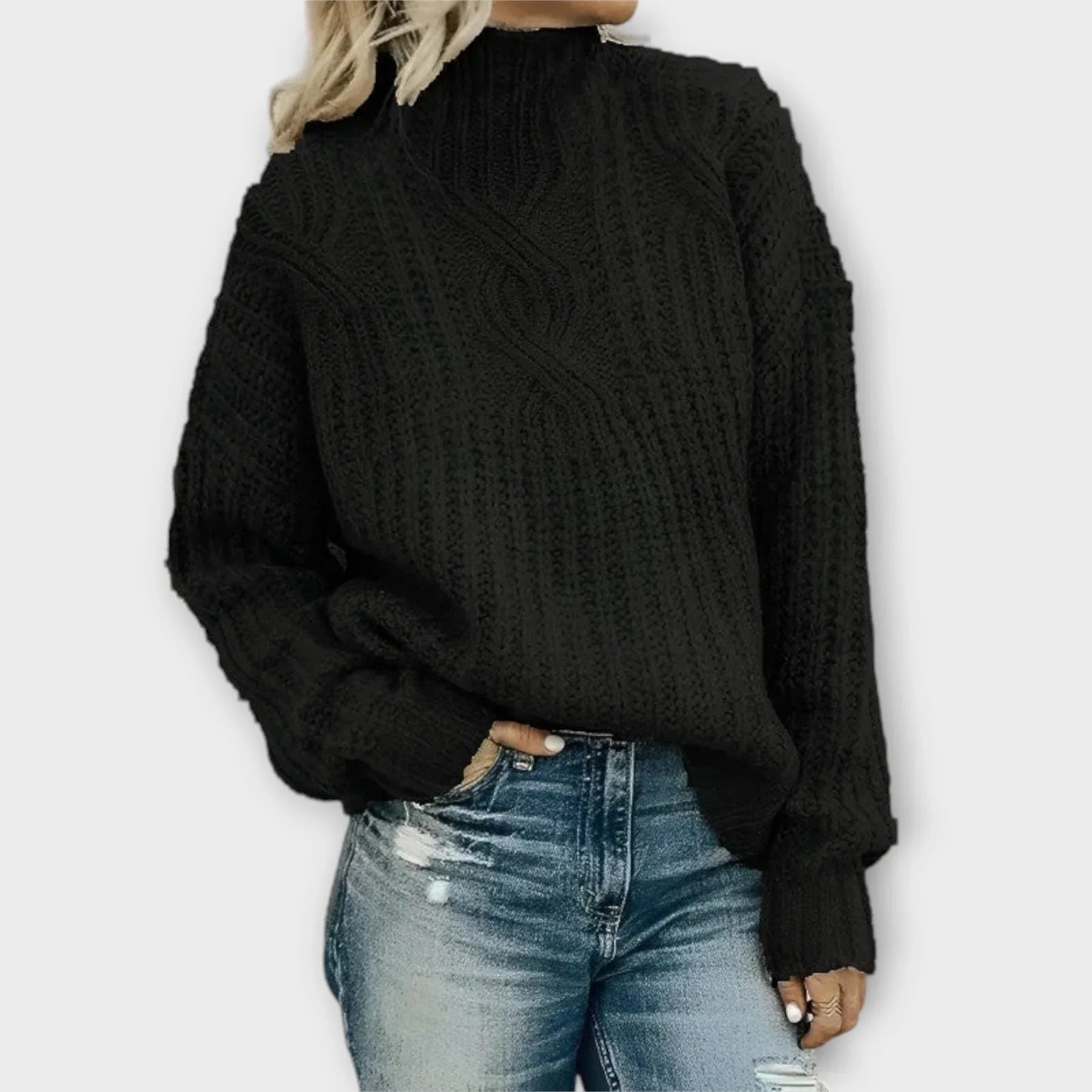 Cable Knit Turtleneck Jumper High Neck Relaxed Fit - Black