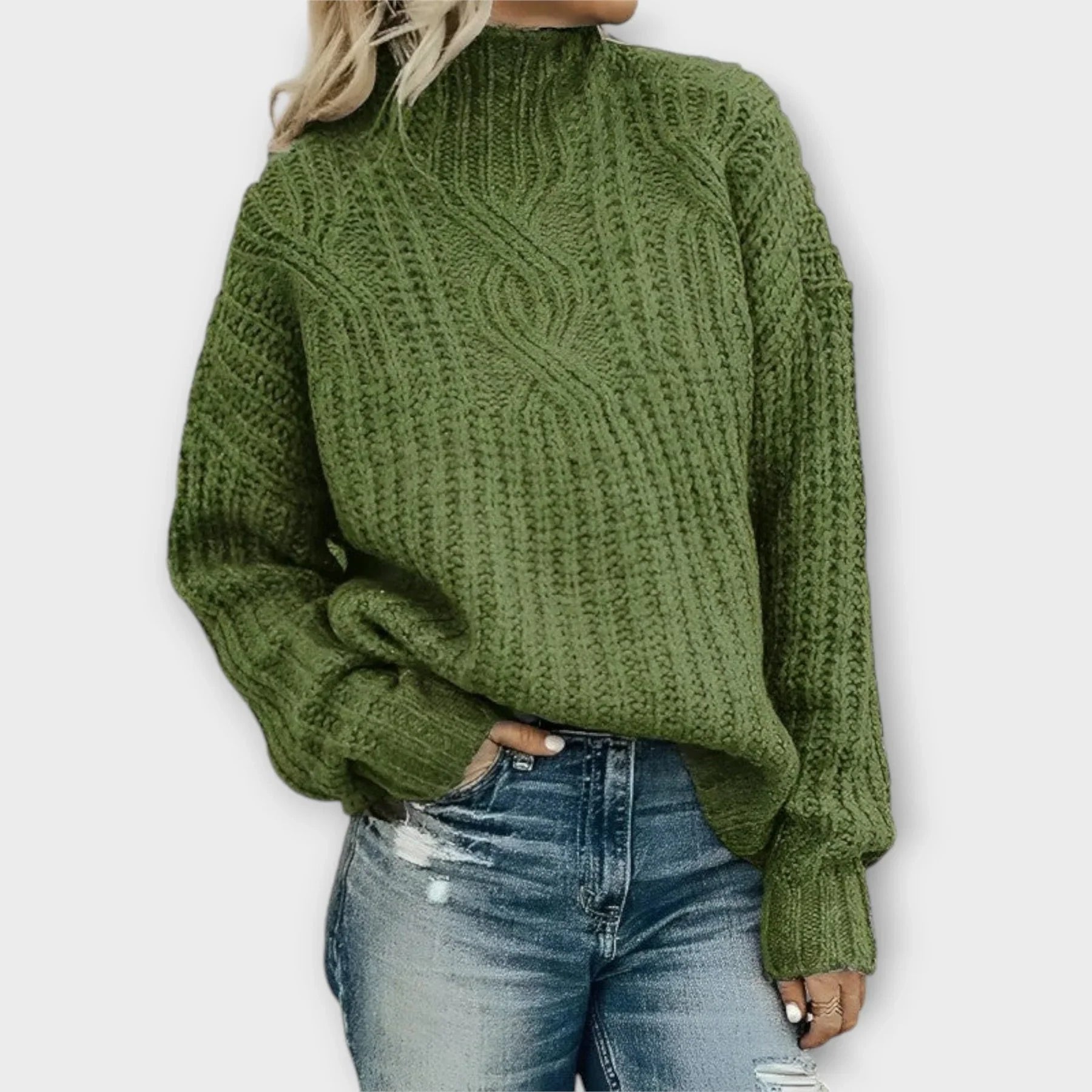 Cable Knit Turtleneck Jumper High Neck Relaxed Fit - Green