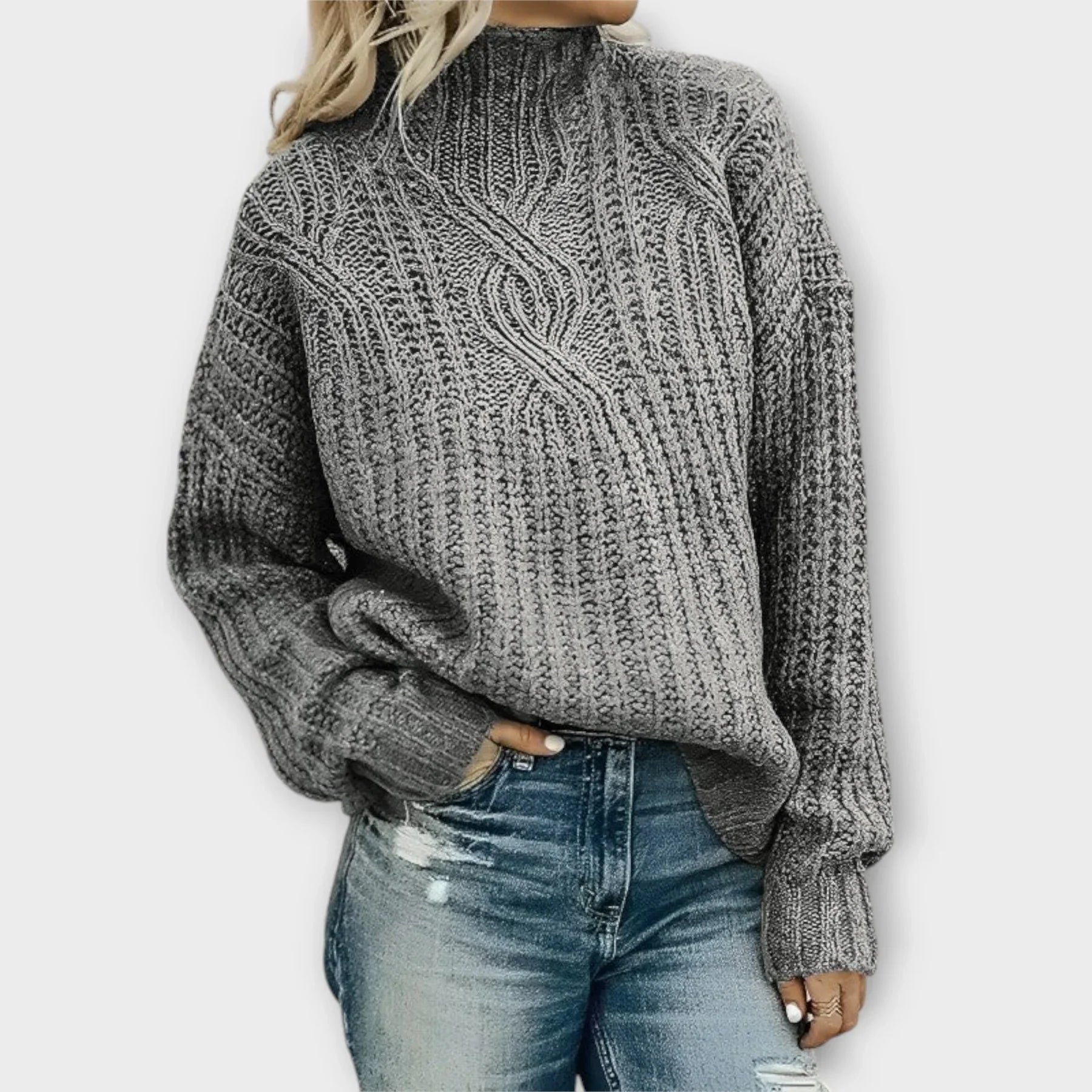 Cable Knit Turtleneck Jumper High Neck Relaxed Fit - Grey