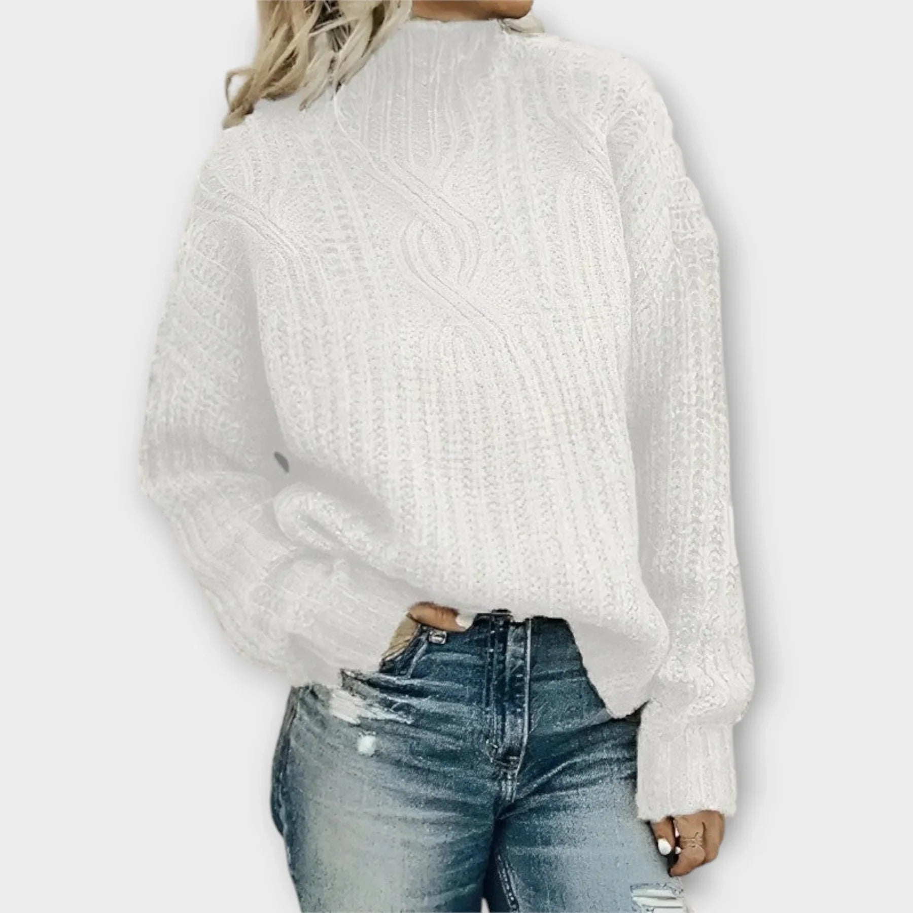 Cable Knit Turtleneck Jumper High Neck Relaxed Fit - White