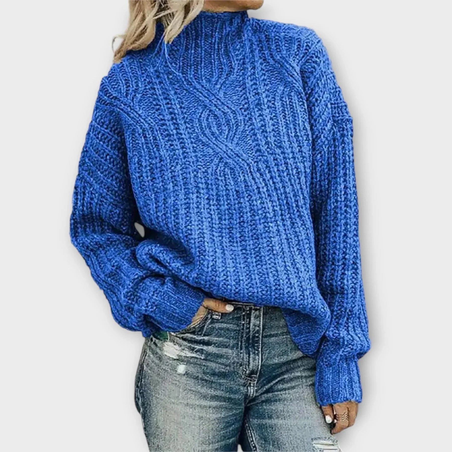 Cable Knit Turtleneck Jumper High Neck Relaxed Fit - Blue