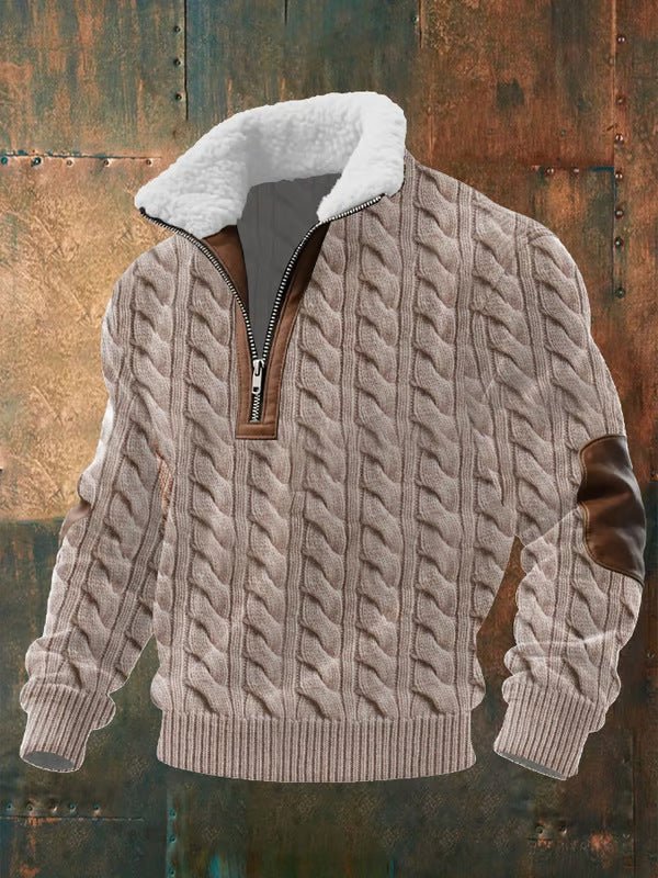 Cable Knit Zip Pullover Sherpa Collar Winter Sweater - Beige