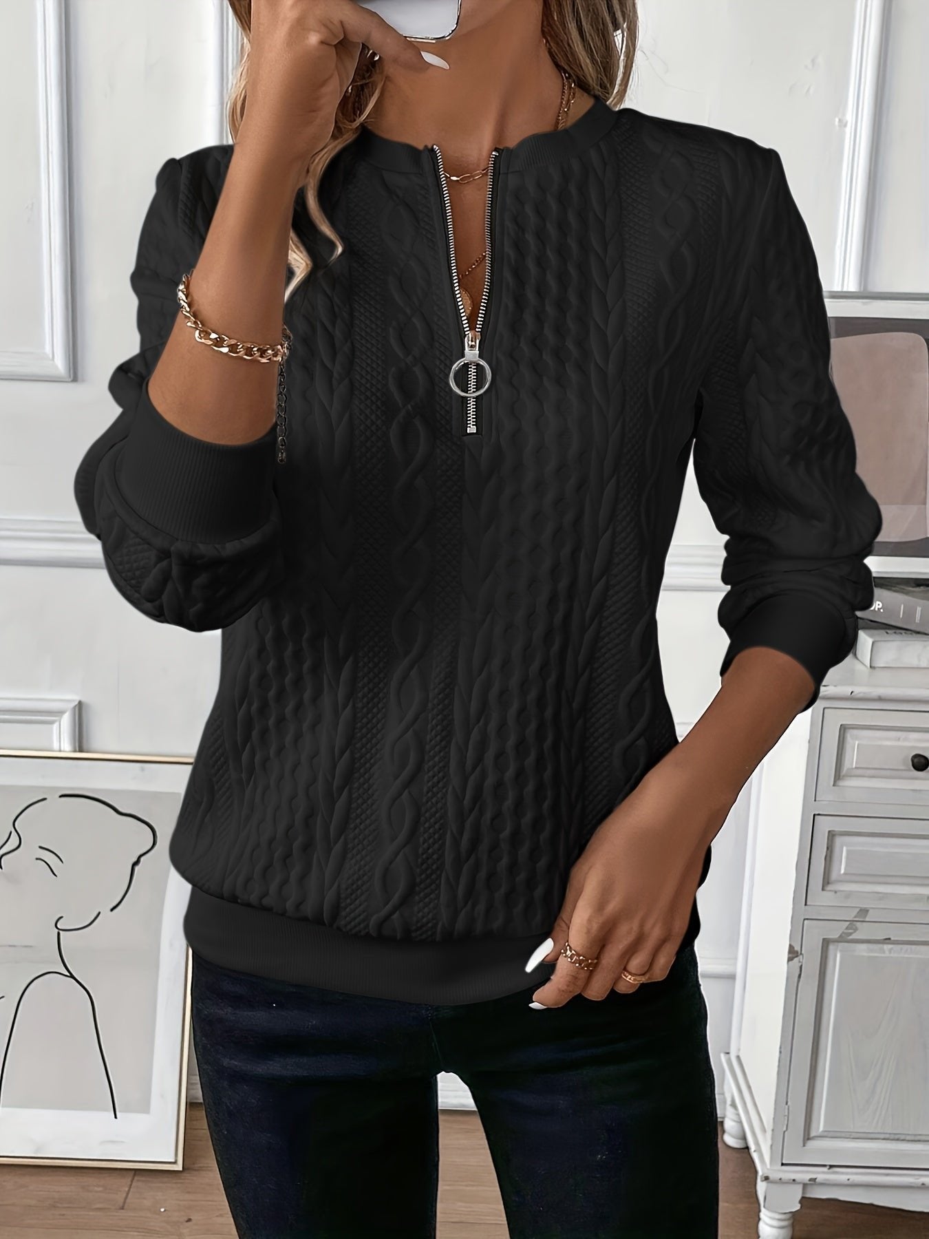 Cable Knit Zip-Up Sweater Quarter Zip Pullover - Black
