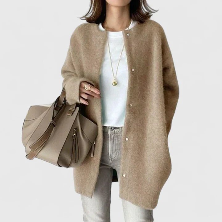 Cardigan Button-Front Longline Wool Blend Oversized - Khaki