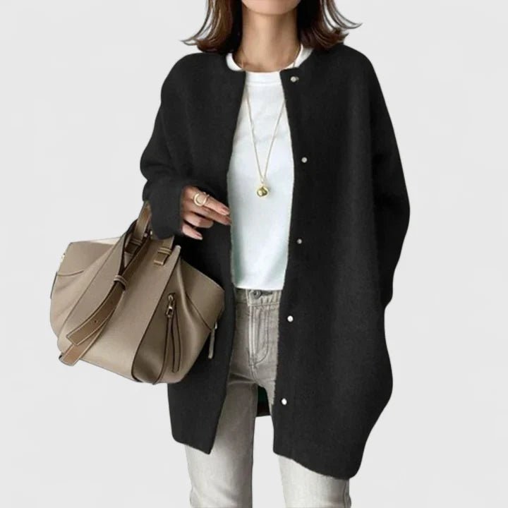 Cardigan Button-Front Longline Wool Blend Oversized - Black