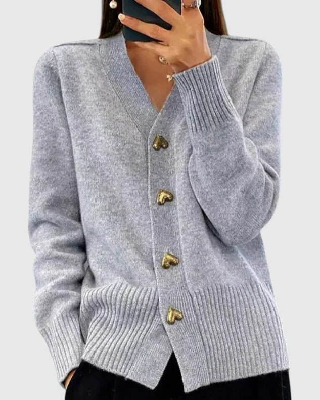 Cardigan Heart Button Long Sleeve Knit V-Neck Women - Gray