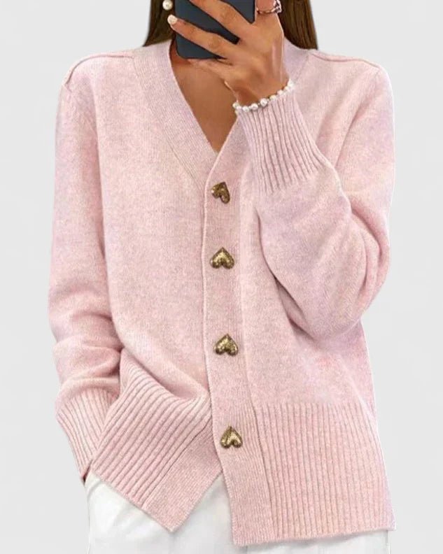 Cardigan Heart Button Long Sleeve Knit V-Neck Women - Pink