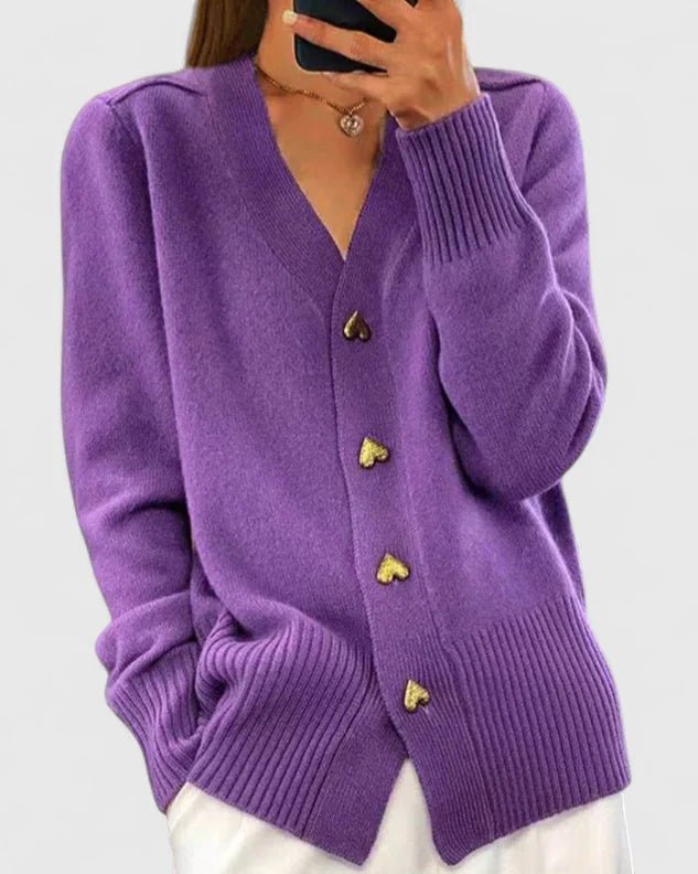 Cardigan Heart Button Long Sleeve Knit V-Neck Women - Violet