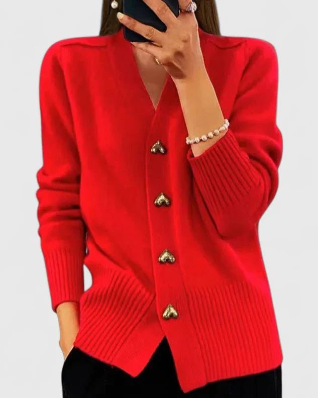 Cardigan Heart Button Long Sleeve Knit V-Neck Women - Red