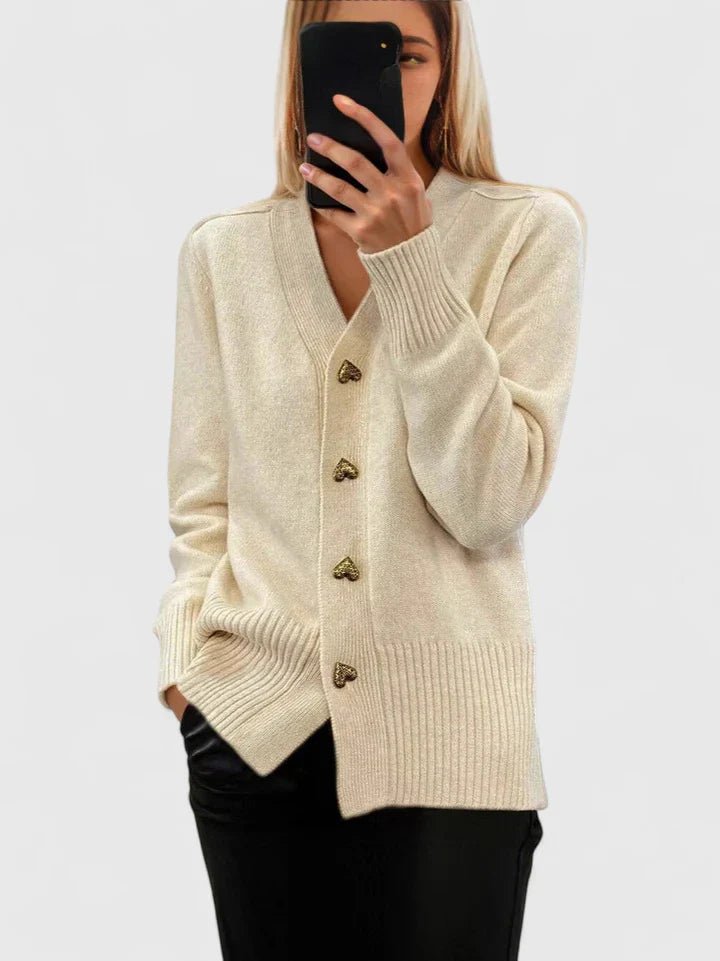 Cardigan Heart Button Long Sleeve Knit V-Neck Women - Cream