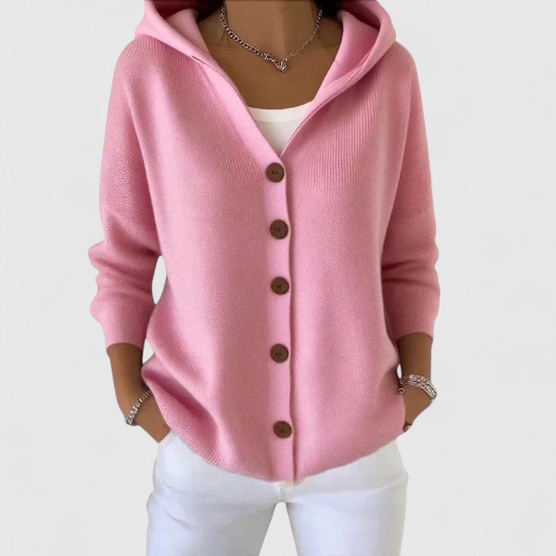 Cardigan Hooded Button-Up Knit Long Sleeve Pink - Pink