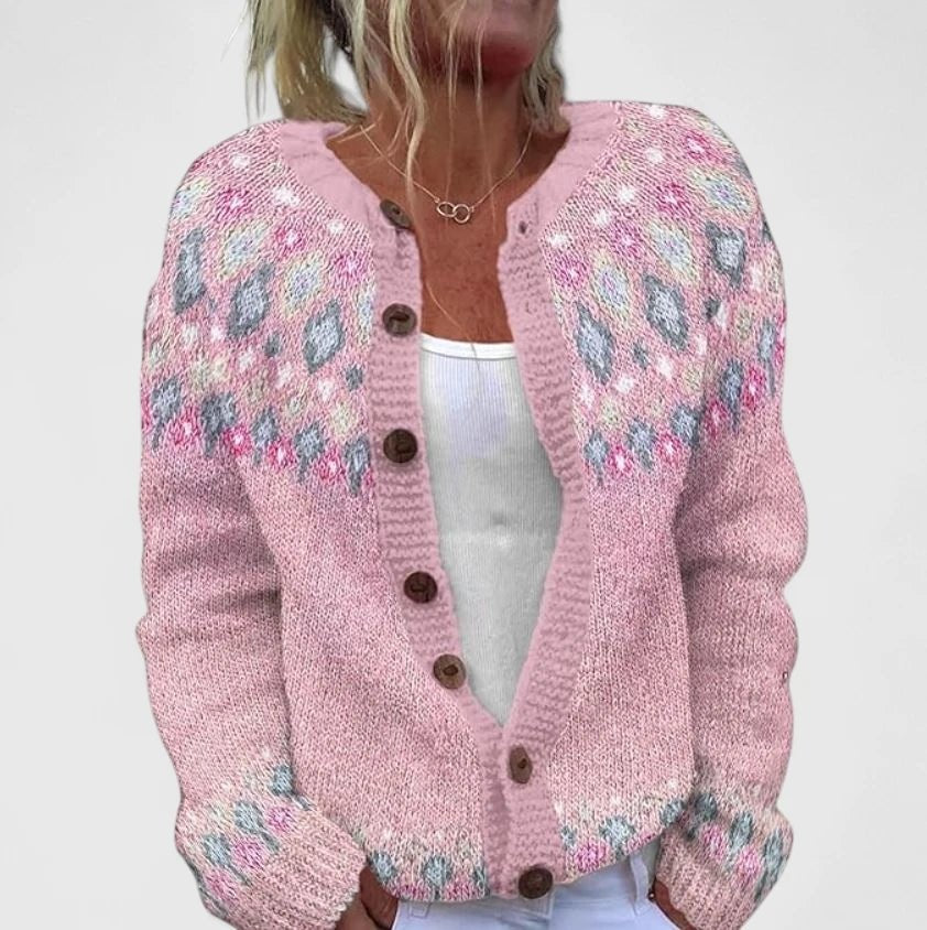 Cardigan Knit Button-Up Floral Long Sleeve Loose Fit - Pink