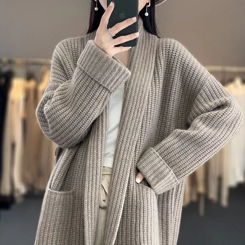 Cardigan Knitted Open Front Oversized Relaxed Fit - Khaki