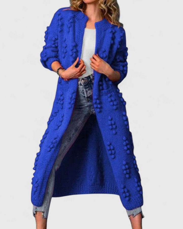 Cardigan Long Knit Open Front Pom Pom Detail Duster - Royal Blue
