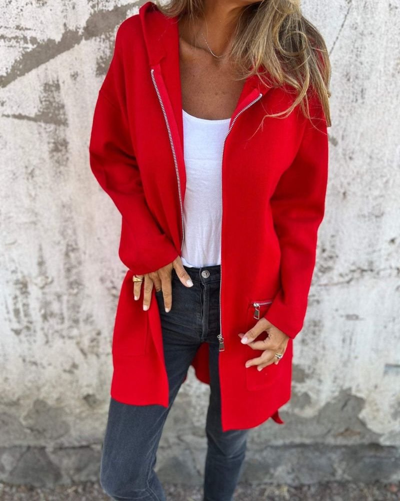 Cardigan Long Sleeve Zip Front Hooded Jacket - Red