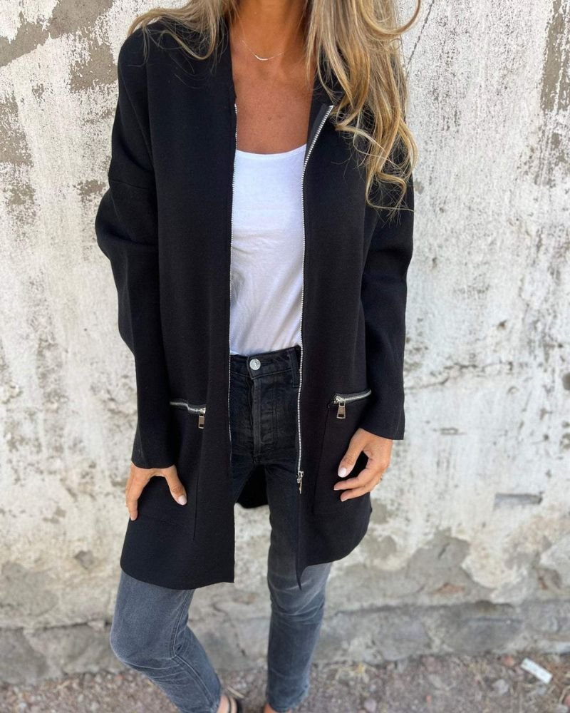 Cardigan Long Sleeve Zip Front Hooded Jacket - Black