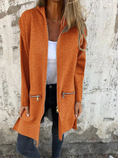Cardigan Long Sleeve Zip Front Hooded Jacket - Orange